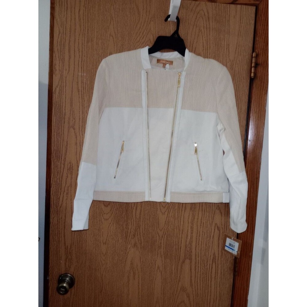 NWT Ellen Tracy Textured Blazer Womens Ivory Wheat Tan Cotton Zip Size XL FLAW
